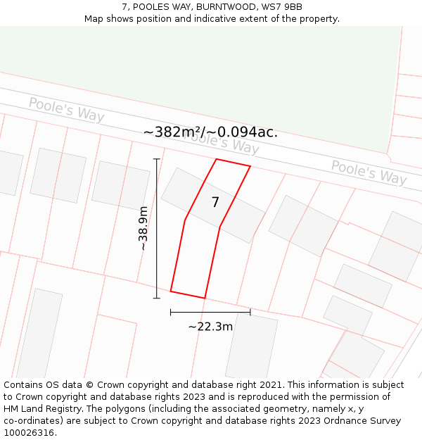 7, POOLES WAY, BURNTWOOD, WS7 9BB: Plot and title map