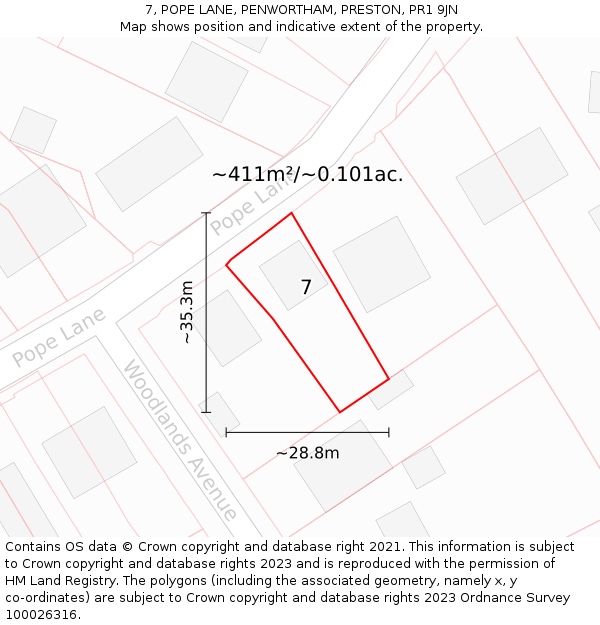 7, POPE LANE, PENWORTHAM, PRESTON, PR1 9JN: Plot and title map