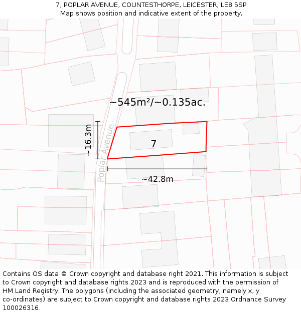 7, POPLAR AVENUE, COUNTESTHORPE, LEICESTER, LE8 5SP: Plot and title map