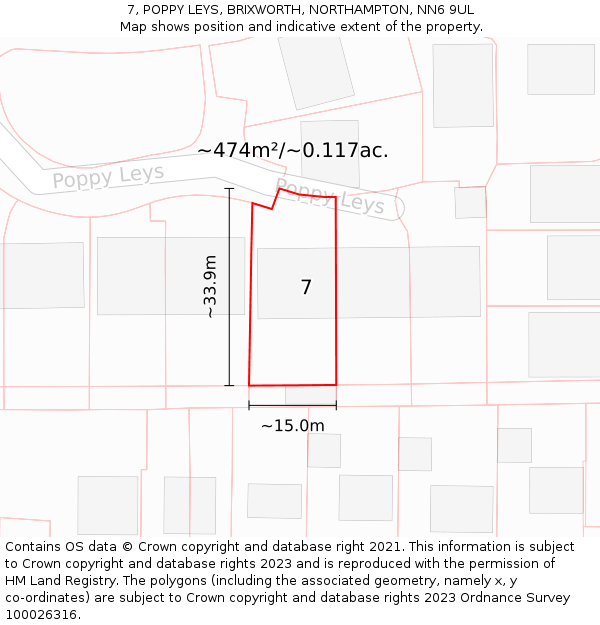 7, POPPY LEYS, BRIXWORTH, NORTHAMPTON, NN6 9UL: Plot and title map