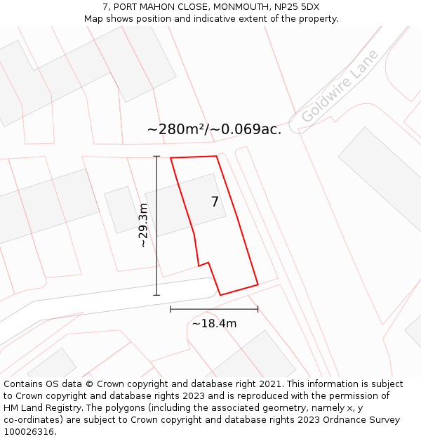 7, PORT MAHON CLOSE, MONMOUTH, NP25 5DX: Plot and title map