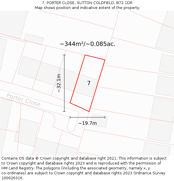 7, PORTER CLOSE, SUTTON COLDFIELD, B72 1DR: Plot and title map