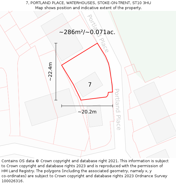 7, PORTLAND PLACE, WATERHOUSES, STOKE-ON-TRENT, ST10 3HU: Plot and title map