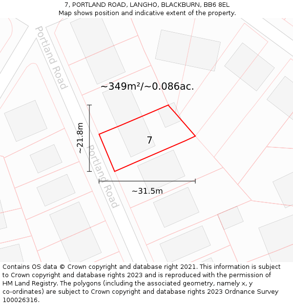 7, PORTLAND ROAD, LANGHO, BLACKBURN, BB6 8EL: Plot and title map