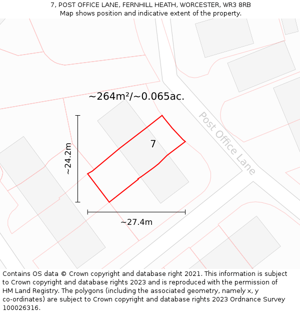 7, POST OFFICE LANE, FERNHILL HEATH, WORCESTER, WR3 8RB: Plot and title map