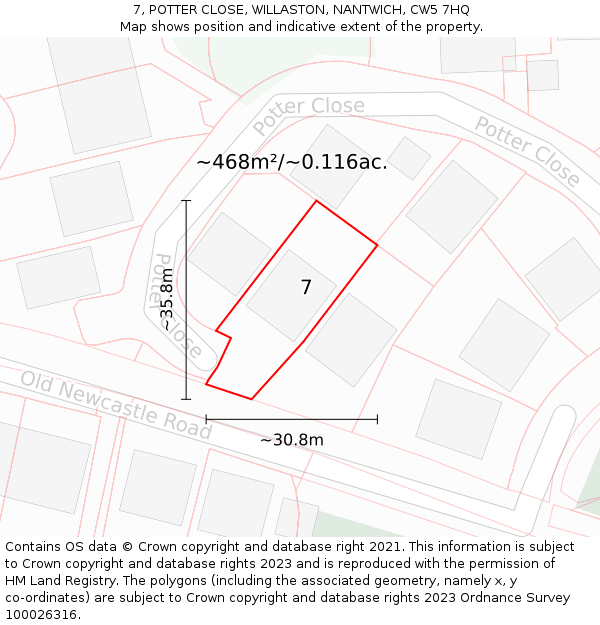 7, POTTER CLOSE, WILLASTON, NANTWICH, CW5 7HQ: Plot and title map