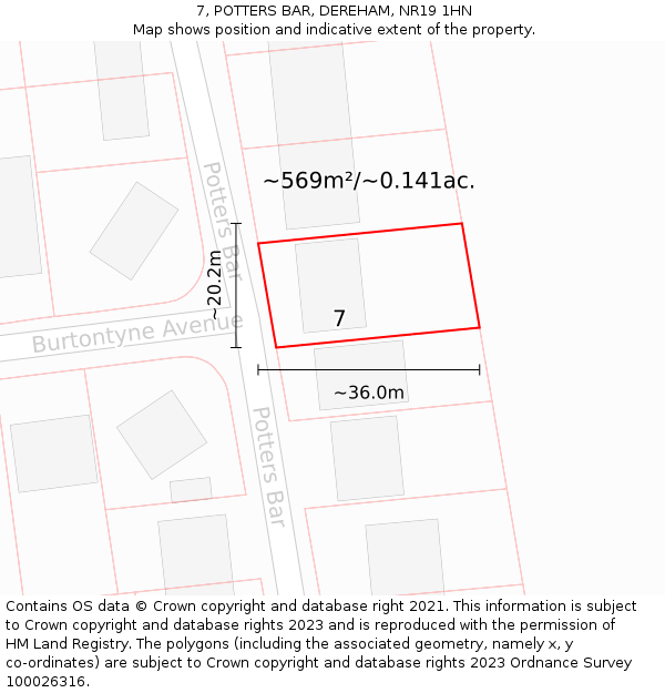 7, POTTERS BAR, DEREHAM, NR19 1HN: Plot and title map