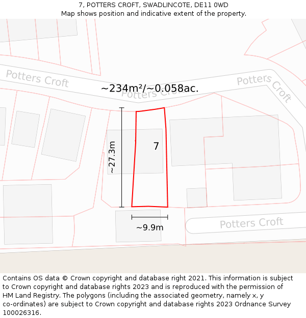 7, POTTERS CROFT, SWADLINCOTE, DE11 0WD: Plot and title map