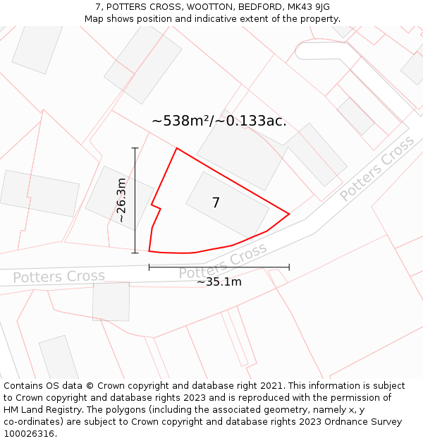 7, POTTERS CROSS, WOOTTON, BEDFORD, MK43 9JG: Plot and title map
