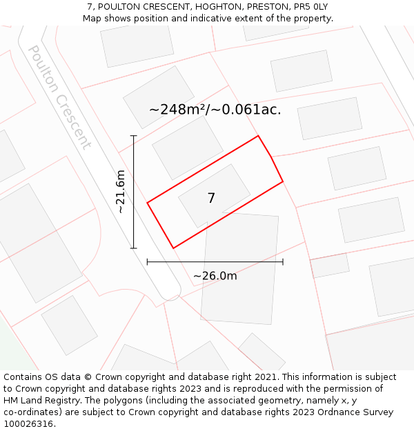 7, POULTON CRESCENT, HOGHTON, PRESTON, PR5 0LY: Plot and title map