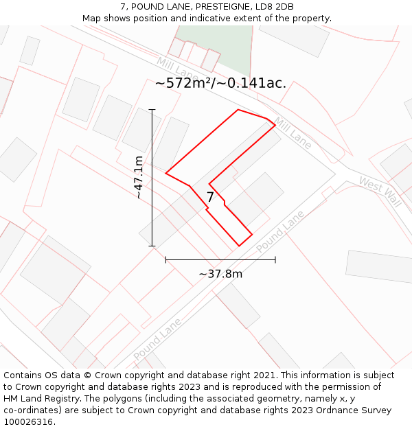 7, POUND LANE, PRESTEIGNE, LD8 2DB: Plot and title map