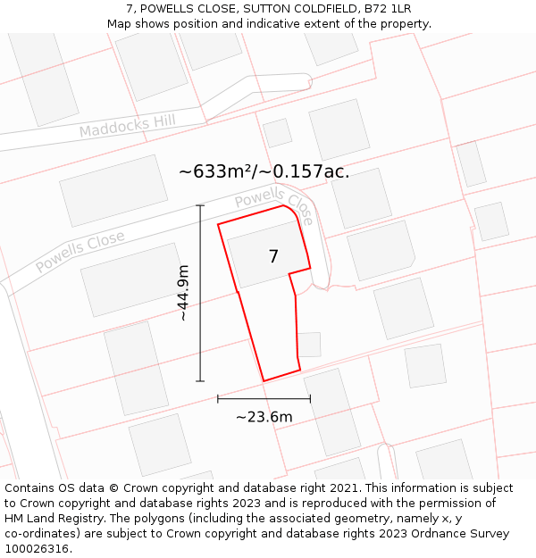 7, POWELLS CLOSE, SUTTON COLDFIELD, B72 1LR: Plot and title map