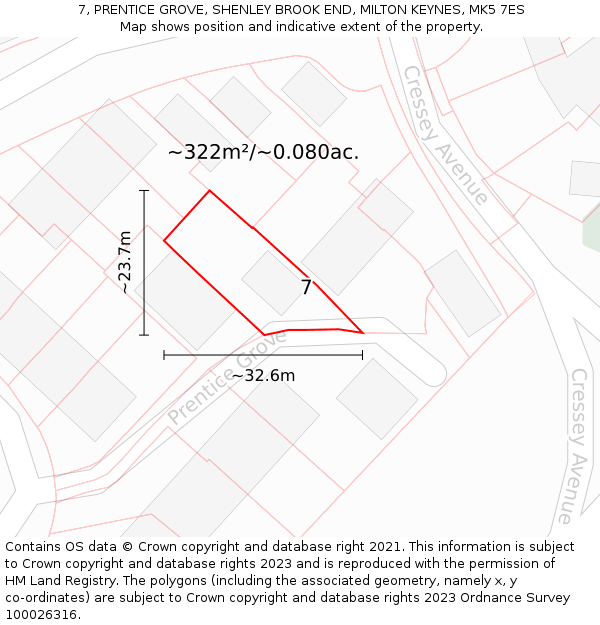 7, PRENTICE GROVE, SHENLEY BROOK END, MILTON KEYNES, MK5 7ES: Plot and title map