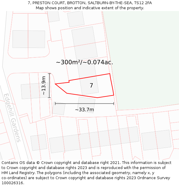 7, PRESTON COURT, BROTTON, SALTBURN-BY-THE-SEA, TS12 2FA: Plot and title map
