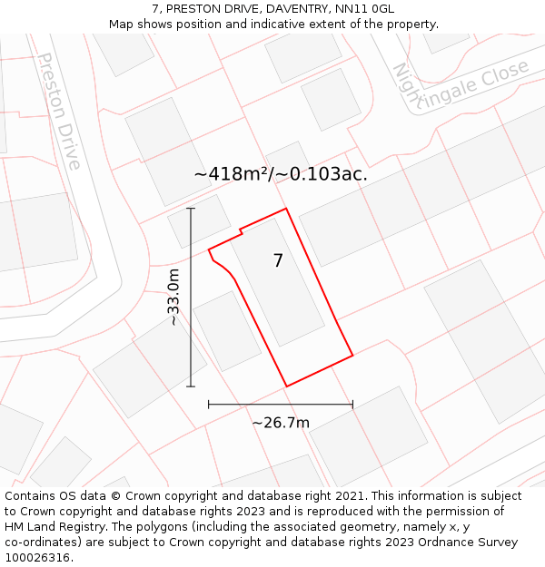7, PRESTON DRIVE, DAVENTRY, NN11 0GL: Plot and title map