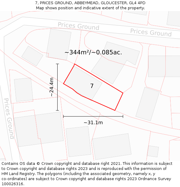 7, PRICES GROUND, ABBEYMEAD, GLOUCESTER, GL4 4PD: Plot and title map