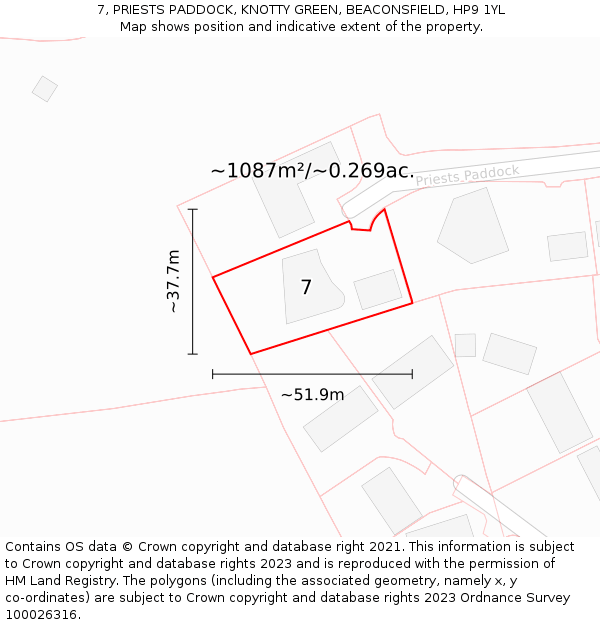 7, PRIESTS PADDOCK, KNOTTY GREEN, BEACONSFIELD, HP9 1YL: Plot and title map