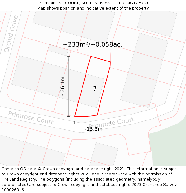 7, PRIMROSE COURT, SUTTON-IN-ASHFIELD, NG17 5GU: Plot and title map