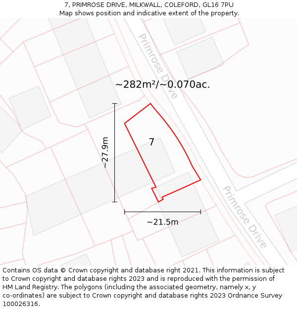 7, PRIMROSE DRIVE, MILKWALL, COLEFORD, GL16 7PU: Plot and title map