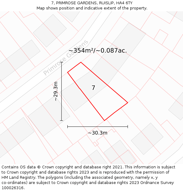 7, PRIMROSE GARDENS, RUISLIP, HA4 6TY: Plot and title map