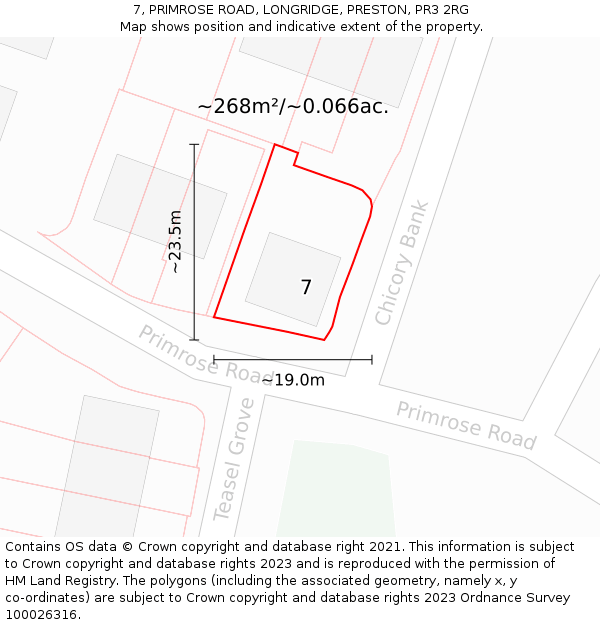 7, PRIMROSE ROAD, LONGRIDGE, PRESTON, PR3 2RG: Plot and title map