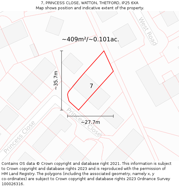 7, PRINCESS CLOSE, WATTON, THETFORD, IP25 6XA: Plot and title map