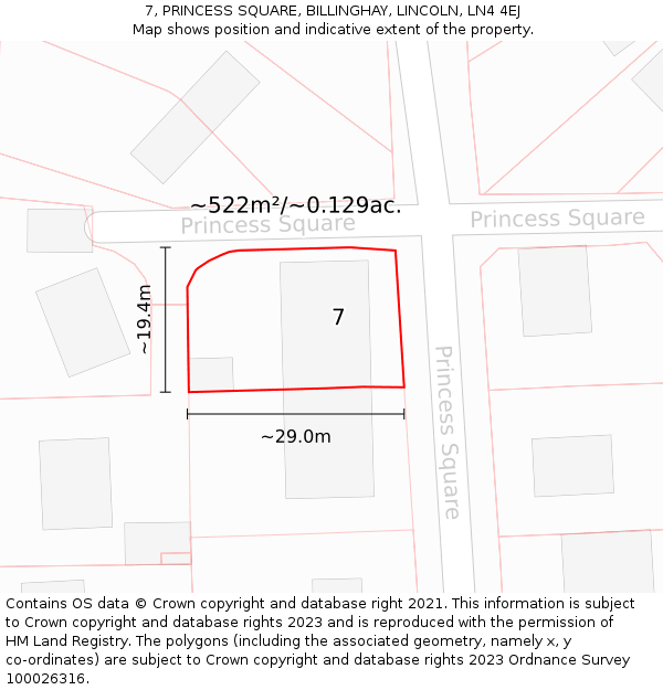 7, PRINCESS SQUARE, BILLINGHAY, LINCOLN, LN4 4EJ: Plot and title map