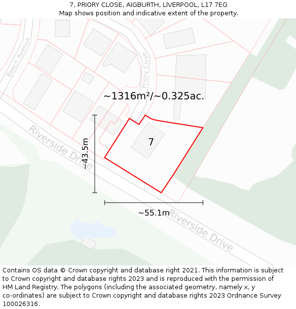 7, PRIORY CLOSE, AIGBURTH, LIVERPOOL, L17 7EG: Plot and title map