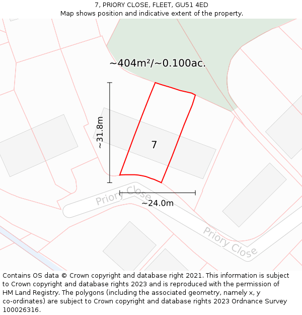 7, PRIORY CLOSE, FLEET, GU51 4ED: Plot and title map