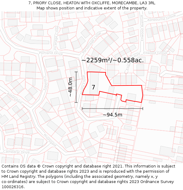 7, PRIORY CLOSE, HEATON WITH OXCLIFFE, MORECAMBE, LA3 3RL: Plot and title map