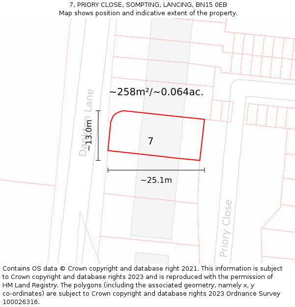 7, PRIORY CLOSE, SOMPTING, LANCING, BN15 0EB: Plot and title map