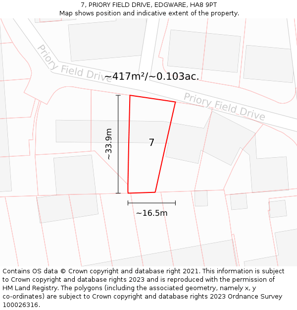 7, PRIORY FIELD DRIVE, EDGWARE, HA8 9PT: Plot and title map