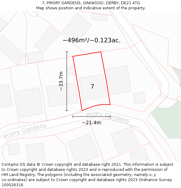 7, PRIORY GARDENS, OAKWOOD, DERBY, DE21 4TG: Plot and title map