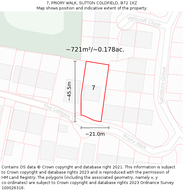 7, PRIORY WALK, SUTTON COLDFIELD, B72 1XZ: Plot and title map