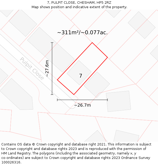 7, PULPIT CLOSE, CHESHAM, HP5 2RZ: Plot and title map
