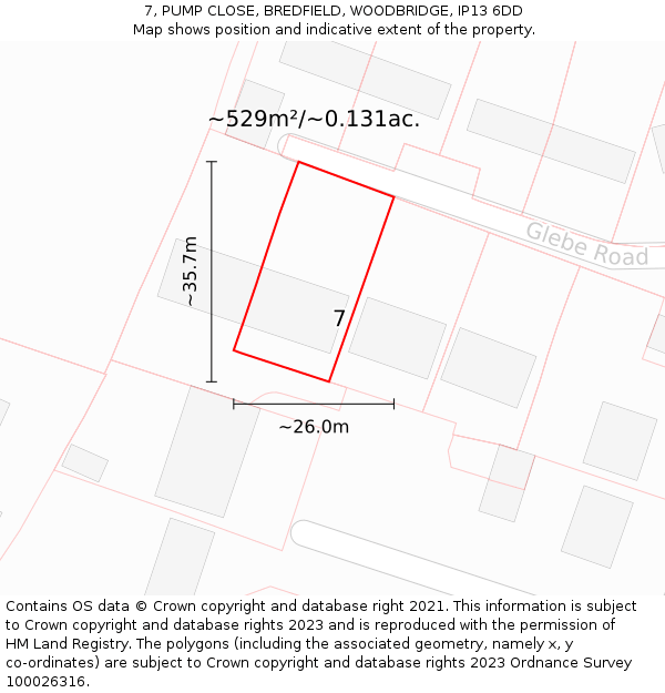 7, PUMP CLOSE, BREDFIELD, WOODBRIDGE, IP13 6DD: Plot and title map