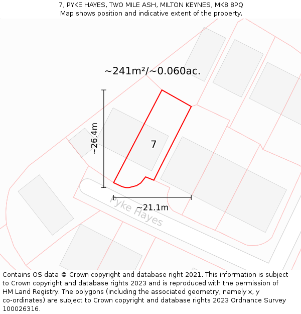 7, PYKE HAYES, TWO MILE ASH, MILTON KEYNES, MK8 8PQ: Plot and title map
