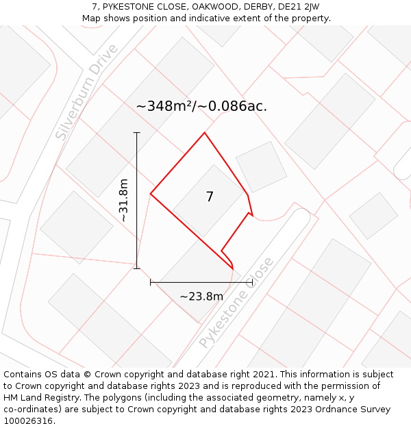 7, PYKESTONE CLOSE, OAKWOOD, DERBY, DE21 2JW: Plot and title map
