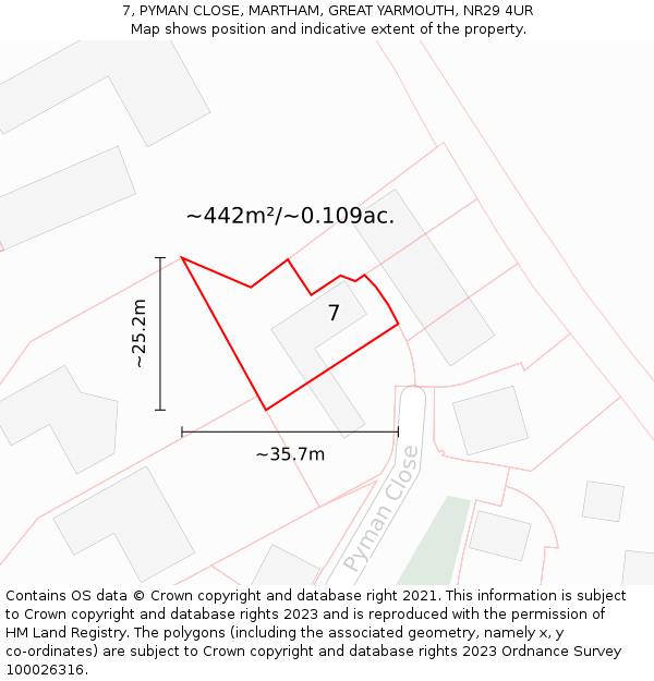 7, PYMAN CLOSE, MARTHAM, GREAT YARMOUTH, NR29 4UR: Plot and title map