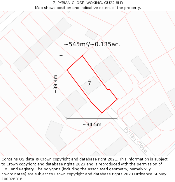 7, PYRIAN CLOSE, WOKING, GU22 8LD: Plot and title map