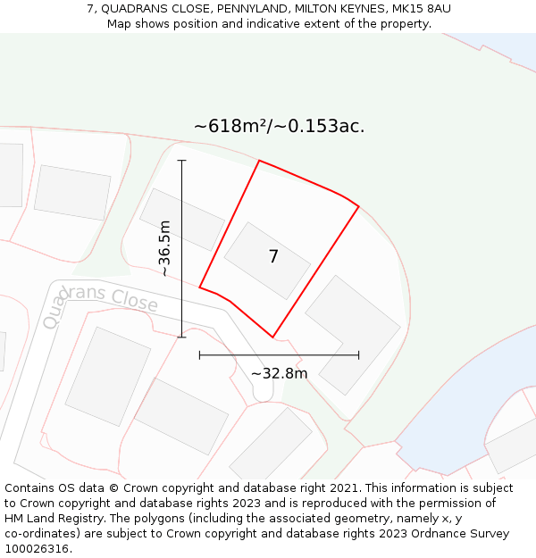 7, QUADRANS CLOSE, PENNYLAND, MILTON KEYNES, MK15 8AU: Plot and title map