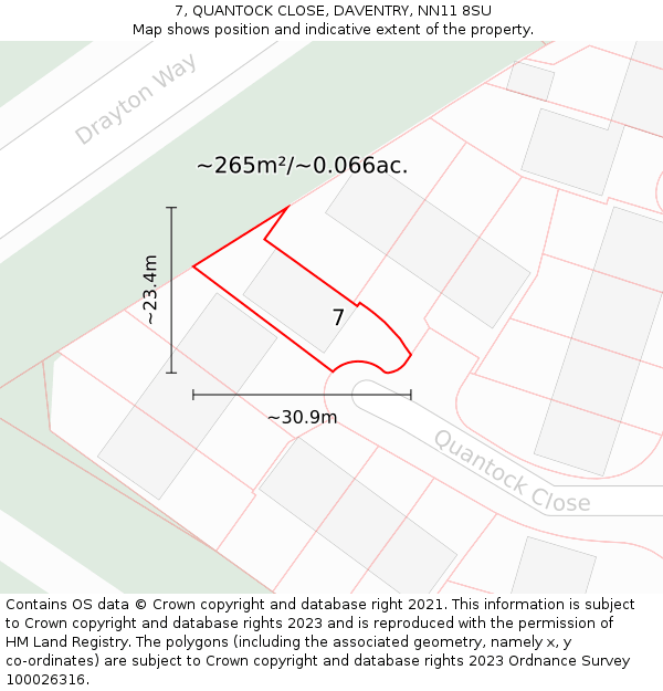 7, QUANTOCK CLOSE, DAVENTRY, NN11 8SU: Plot and title map