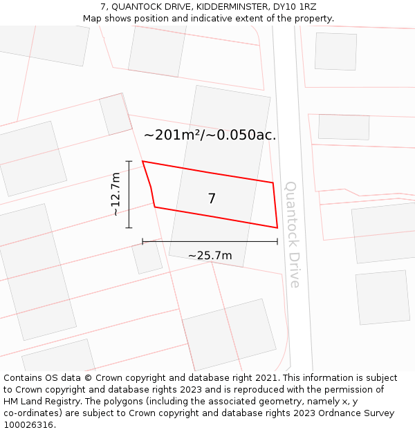 7, QUANTOCK DRIVE, KIDDERMINSTER, DY10 1RZ: Plot and title map