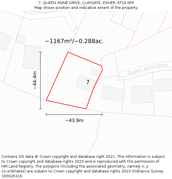 7, QUEEN ANNE DRIVE, CLAYGATE, ESHER, KT10 0PP: Plot and title map