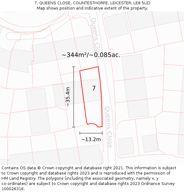 7, QUEENS CLOSE, COUNTESTHORPE, LEICESTER, LE8 5UD: Plot and title map