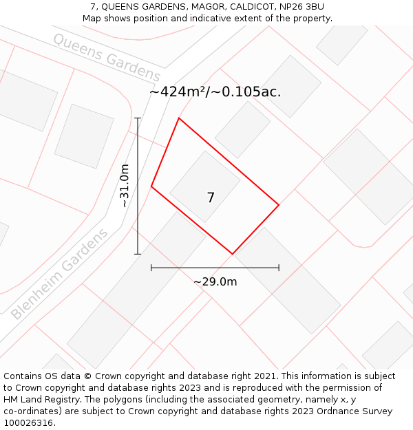 7, QUEENS GARDENS, MAGOR, CALDICOT, NP26 3BU: Plot and title map