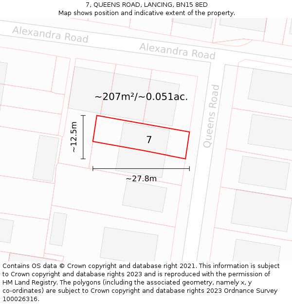 7, QUEENS ROAD, LANCING, BN15 8ED: Plot and title map