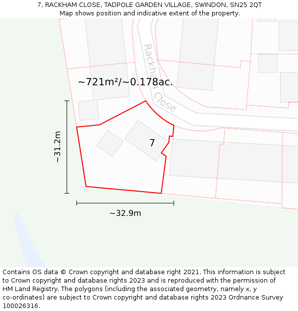 7, RACKHAM CLOSE, TADPOLE GARDEN VILLAGE, SWINDON, SN25 2QT: Plot and title map