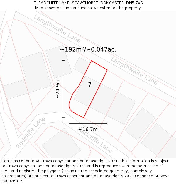 7, RADCLIFFE LANE, SCAWTHORPE, DONCASTER, DN5 7XS: Plot and title map