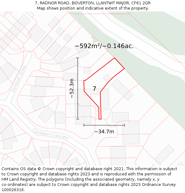 7, RADNOR ROAD, BOVERTON, LLANTWIT MAJOR, CF61 2GR: Plot and title map